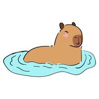Capybara swims. Cute capybara in the water, resting relax. hand drawn simple doodle sign vector