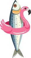 Funny sardine with pink flamingo inflatable pool float vector