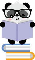 Cute panda reading a book on top of books vector