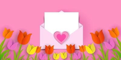 mother's day poster card banner with an envelope and heart and tulips on a pink background vector