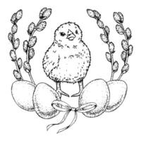 Hand drawn black and white illustration of a fluffy chick with eggs, willow branches and ribbon. Suitable for Easter cards, spring holidays, packaging, prints, crafts and nature projects. vector