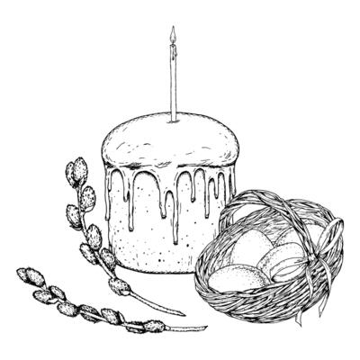 Black and white hand drawn illustration of Easter cake with candle, eggs in a wicker basket, and willow branches. Perfect for holiday cards, packaging, crafts, religious themes and spring celebrations