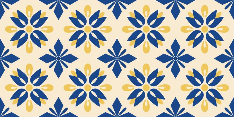 Mediterranean summer geometric floral seamless pattern. Italian motif. Endless tiles border. Portugal, Mexican, Moroccan, Spanish, Damask background, print. Blue and yellow ceramic decor. .