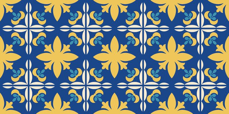 Azulejos. Mediterranean geometric floral seamless pattern. Endless tiles border. Portugal, Mexican, Italian, Moroccan, Turkish, Spanish, Damask backgroound. Blue and yellow decorative design. .