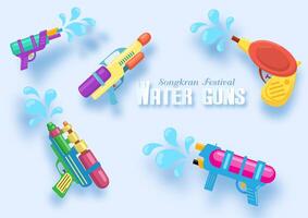 2d and Set of colorful water gun toys with English texts on blue background. vector