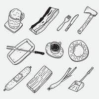 A set of hand drawn objects that include a knife, fork, spoon, and a cup vector