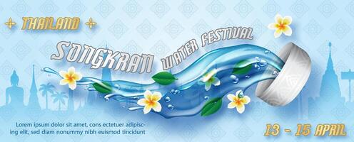 Poster design of Songkran festival with realistic splash water from silver bowl and flowers decorated, wording of event on Thailand landscape with the Thai art pattern and gradient blue background. vector