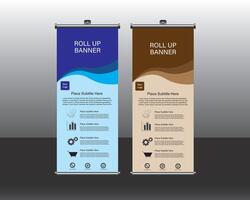 Roll up banner stand design template, blue and brown color vector