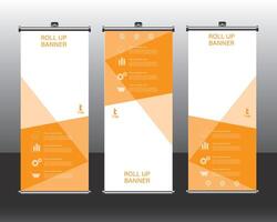 Three roll up banners with orange and white geometric shapes vector