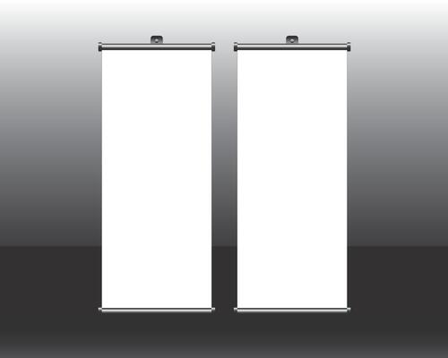 Two blank roll up banners on a gray background