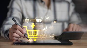 Check sales and check business growth reports , order management in online stores , shopping on internet , e-commerce, Startups or small business entrepreneurs show concept of selling products online photo