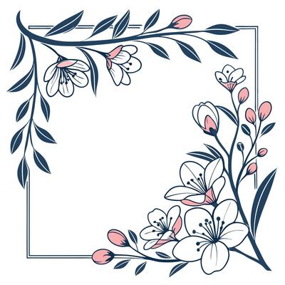 Elegant Floral Frame Delicate Blossoms, Spring Branches, Square Border