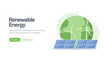 Solar panels and wind turbines on a green planet. Suitable for renewable energy, sustainable development, ecofriendly concepts, and environmental campaigns. vector