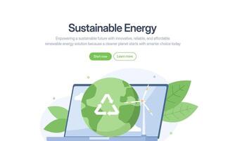 Laptop with globe, wind turbine, and leaves symbolizing ecofriendly technology and global connectivity. Suitable for environmental websites, sustainable energy concepts. vector