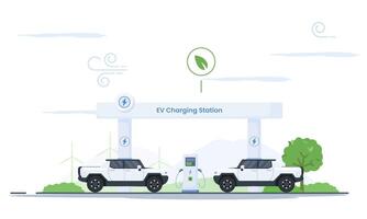 Two electric pickup trucks charge at a modern station. Wind turbines and a leaf icon highlight the use of clean energy. This image showcases the future of sustainable transportation ev. vector