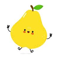 A cute Pear cartoon character with a happy face and making a peace sign isolated on a white background. Great for health and nutrition-related designs. vector