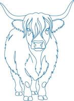 Minimalist Highland cow line art illustration, single continuous stroke drawing of a Scottish cattle breed with long shaggy hair and curved horns vector