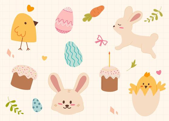Cute Easter-themed set with a bunny, chicks, decorated eggs, festive cakes, and floral details. The pastel color palette and hand-drawn elements