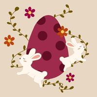 Two playful bunnies resting against a large polka-dotted Easter egg, surrounded by blooming flowers and winding vector