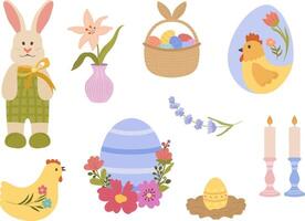 Set of Easter-themed elements featuring a bunny in overalls with a bow, a hen, decorated eggs, a basket filled with colorful eggs, a vase with flowers, two candles on holders vector