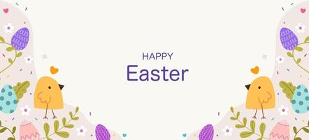 A festive Easter banner with decorative chicks, patterned eggs, leaves, and floral elements on a soft background. vector