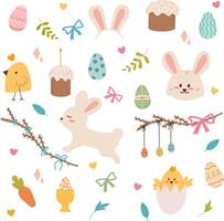 Easter set featuring bunnies, chicks, decorated eggs, festive cakes, carrots, ribbons, and branches arranged on a light background. vector