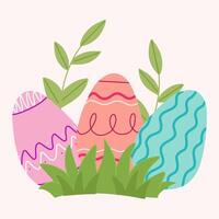 Decorated Easter eggs with intricate patterns nestled in green grass and surrounded by leaves on a light background. vector
