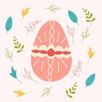 Decorated Easter egg with intricate patterns, surrounded by delicate leaves in various shapes and colors on a soft pastel background. vector