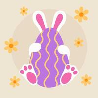 A bunny holding a decorated Easter egg with wavy patterns, surrounded by flowers on a pastel background. vector