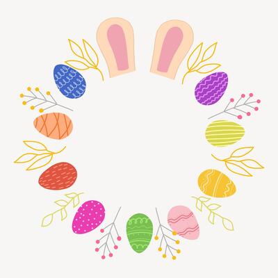 Festive Easter wreath composed of colorful decorated eggs, delicate leaves, small branches, and bunny ears at the top.