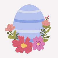 Decorated Easter egg with soft blue stripes, surrounded by blooming pink and red flowers with green leaves. vector