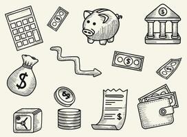 Monochrome hand-drawn finance-themed illustration with money-related objects such as coins, bills, a receipt, and a bank building. vector