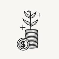 Stack of coins with a growing plant on top and a single coin placed beside it. The monochrome sketch style gives the design a minimalistic and vintage look on a light background vector