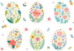 Decorated Easter eggs with intricate floral patterns, leaves, and butterflies on a light background. A colorful composition perfect for greeting cards vector