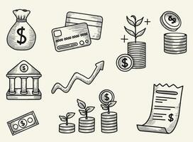 Vintage-style sketch of finance-related icons, including banknotes, investment growth, a transaction receipt, and a rising market chart vector
