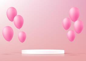 Pink background 3d with balloons and podium. Product display presentation. Space for selling products, backdrop, wallpaper, background, text. illustration. vector