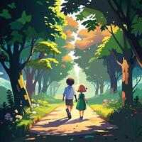 a couple walking down a path in the woods vector
