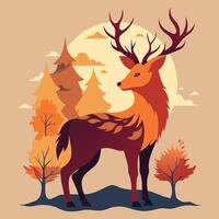 a deer in the forest with trees and mountains vector