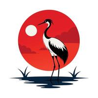 a crane standing on the water with a red sun in the background vector