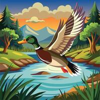 a cartoon duck flying over a river and mountains vector
