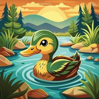 a cartoon duck swimming in a river with trees and rocks vector