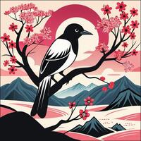 a bird perched on a tree branch with flowers vector