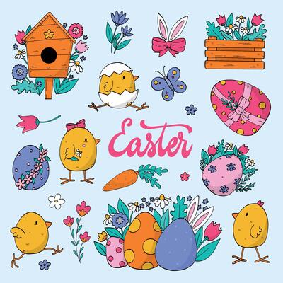 Easter square greeting cards, posters, invitation, banner decorated with doodles, cartoon elements, etc. EPS 10