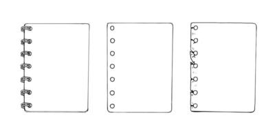 illustration of a set of blank paper sheets. Hand drawn sketch featuring notepads, spiral bound pages, and memo sheets, perfect for planners and journals. Isolated on a white background vector