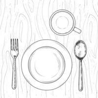 Hand drawn illustration of tableware in black and white. Top view sketch featuring plate, cup, fork and spoon. Perfect for restaurant menus, food blogs, and table setting visuals vector