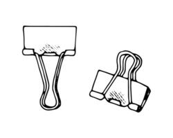 illustration of a set of paper binders or fasteners. Hand drawn sketch of paperclips, staples and clamps in a vintage style. For office and journaling designs. Isolated on a white background vector