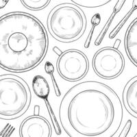 Seamless pattern of vintage dishware in black and white. Hand drawn plates, cups and utensils. Elegant crockery and tableware sketch for kitchen decor. For paper, textile prints and background vector