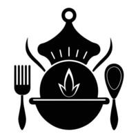 a black and white illustration of a bowl with a fork and spoon vector