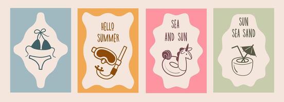 Hand-drawn doodle postcard set with beach vacation items and text like Hello Summer, including bikini, snorkel gear, float, and drink, perfect for summer decor and tropical themes vector