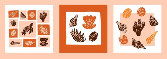 Hand-drawn doodle postcard set of ocean element silhouettes in frames, including turtle, shells, coral, and clam with pearl, ideal for marine decor, beach designs, and underwater themes vector